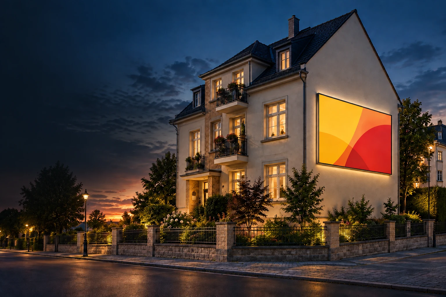 Illustration einer Hausfassade mit beleuchteter Werbefläche am Abend