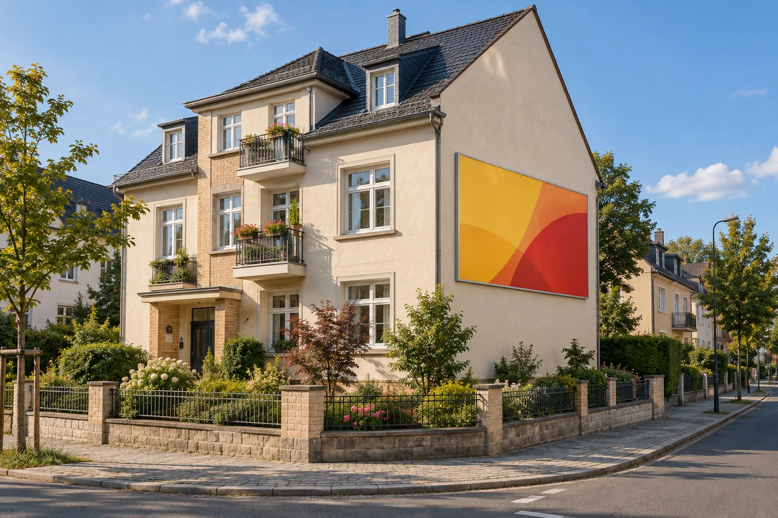 Illustration eines Mehrfamilienhauses mit einer Werbefläche an der Fassade